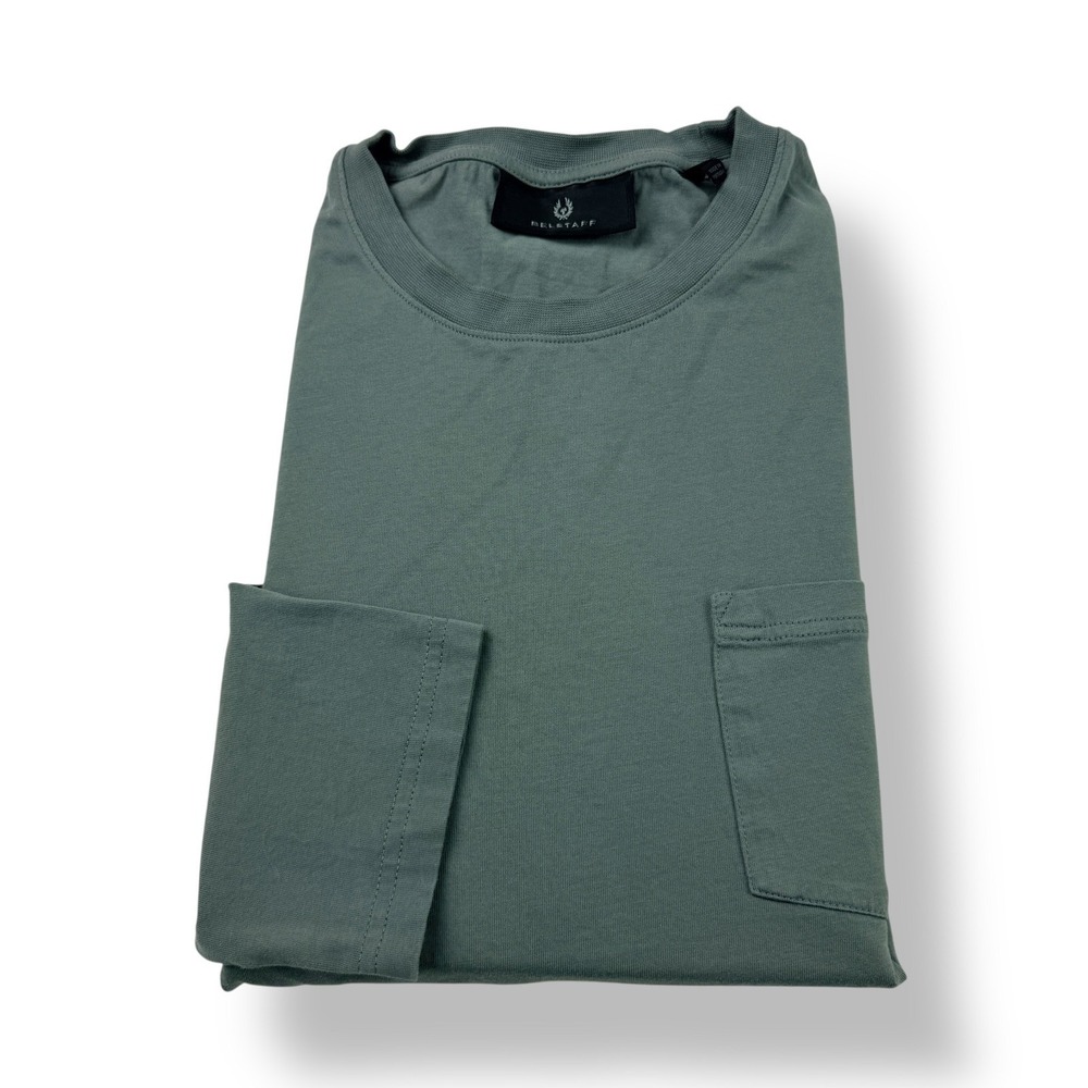 BELSTAFF Thom Long Sleeve‎ T Shirt Green Cotton Pocket Crew Neck Mens Large